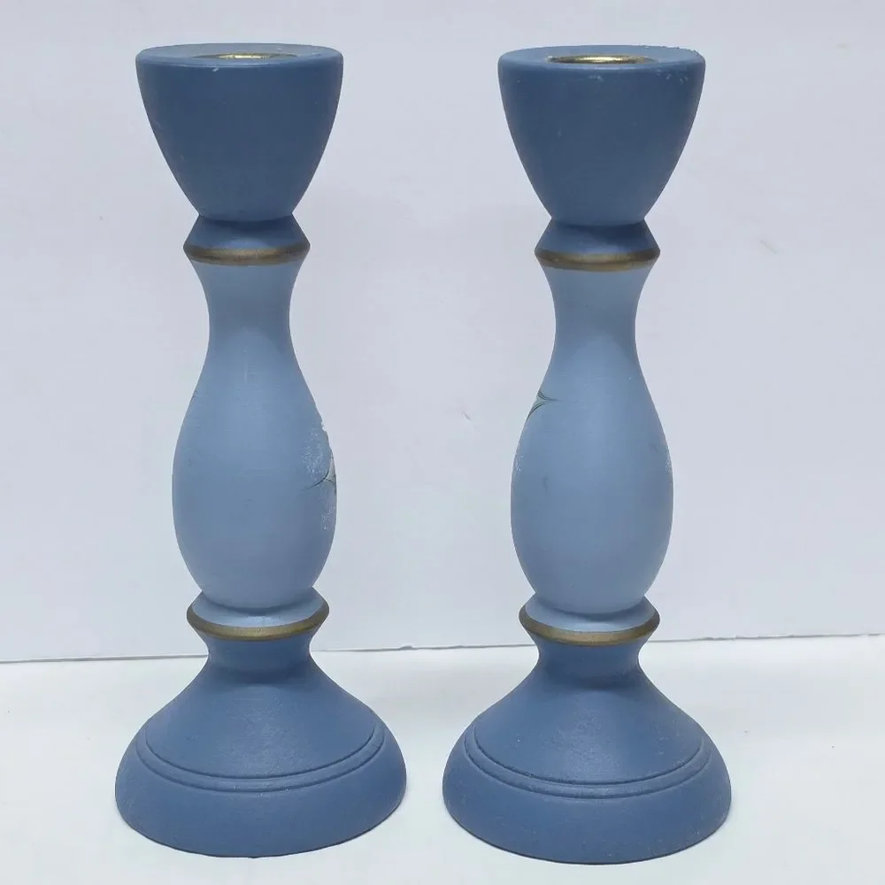 Vintage Swedish Handpainted Blue Floral Wooden Candlestick Holders Set Folk Art